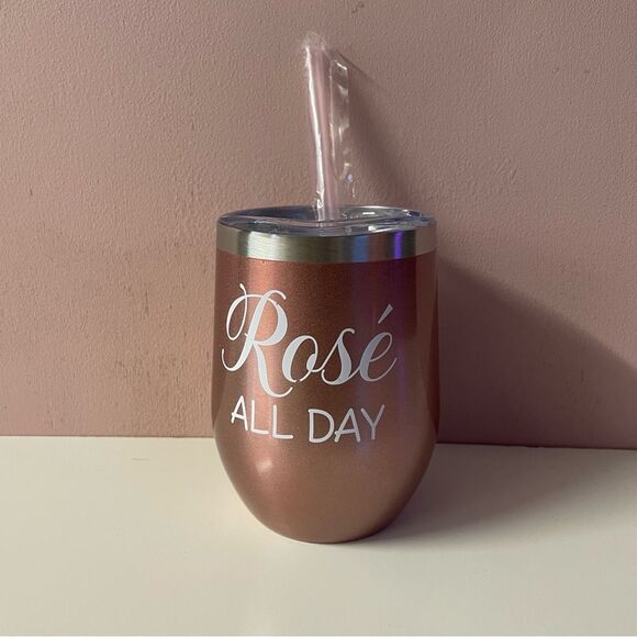 NWOT Pink & Silver Trimmed “Rosé All Day” Tumbler - Picture 1 of 4
